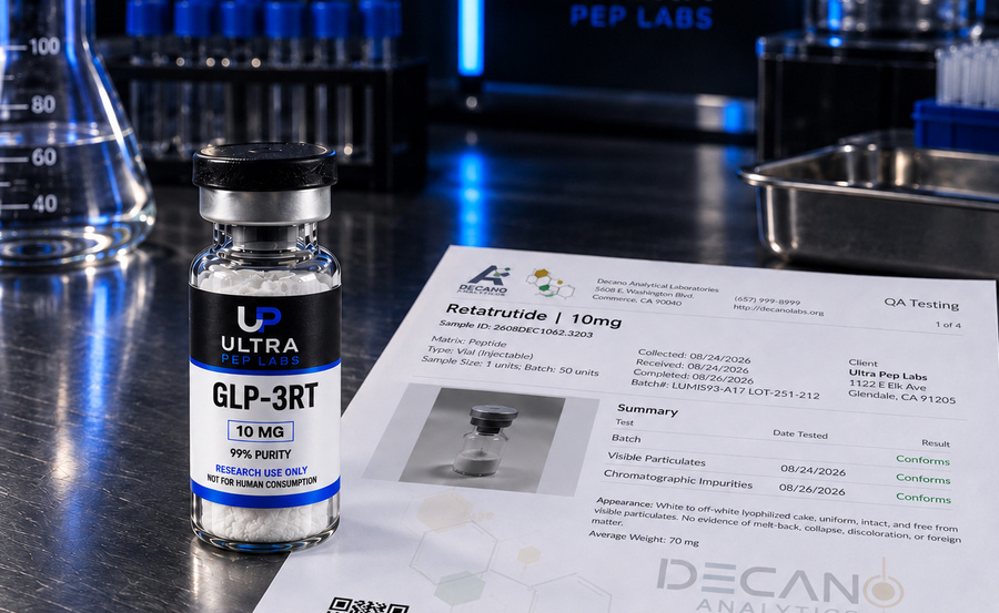 A Decano Analytical certificate of analysis for Retatrutide 10 mg beside a sealed Ultra Pep Labs vial